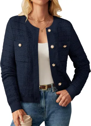 GRACE KARIN Womens Open Front Button Down Long Sleeve Texture Knit Cardigan Sweaters with Pockets