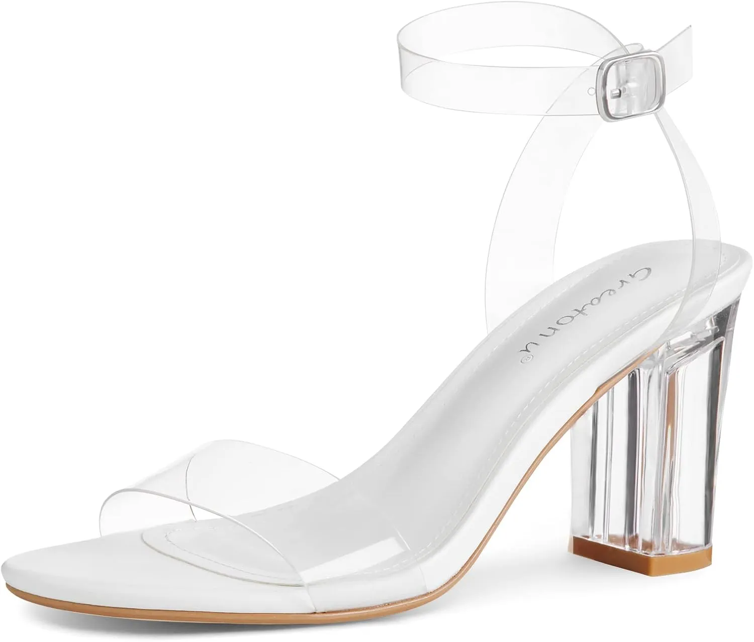 Greatonu Women's Clear Chunky Heels Sandals Open Toe Ankel Strap Block Heel Sandal for Women Dressy Party Wedding Shoes Transparent High Heels Sandals Pumps