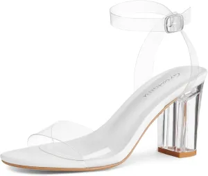 Greatonu Women's Clear Chunky Heels Sandals Open Toe Ankel Strap Block Heel Sandal for Women Dressy Party Wedding Shoes Transparent High Heels Sandals Pumps