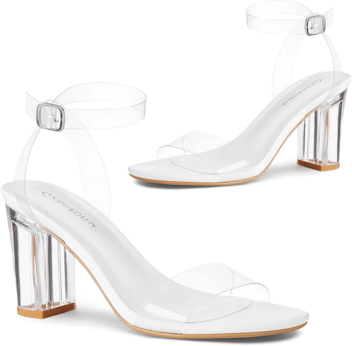 Greatonu Women's Clear Chunky Heels Sandals Open Toe Ankel Strap Block Heel Sandal for Women Dressy Party Wedding Shoes Transparent High Heels Sandals Pumps