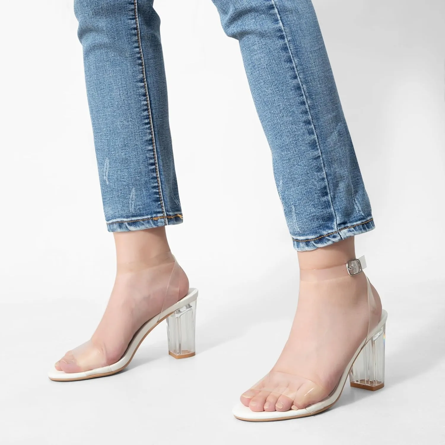 Greatonu Women's Clear Chunky Heels Sandals Open Toe Ankel Strap Block Heel Sandal for Women Dressy Party Wedding Shoes Transparent High Heels Sandals Pumps