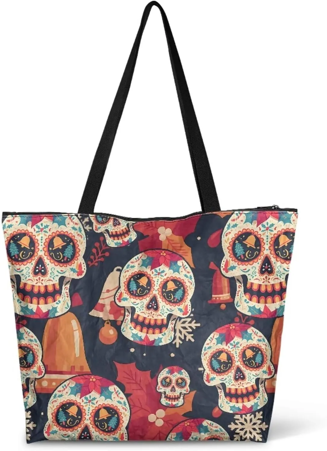 Halloween Sugar Skull Women Tote Paper Bag, Tribal Geometric Stripe Hand Bag, Marble Tile Commute Bag for Work