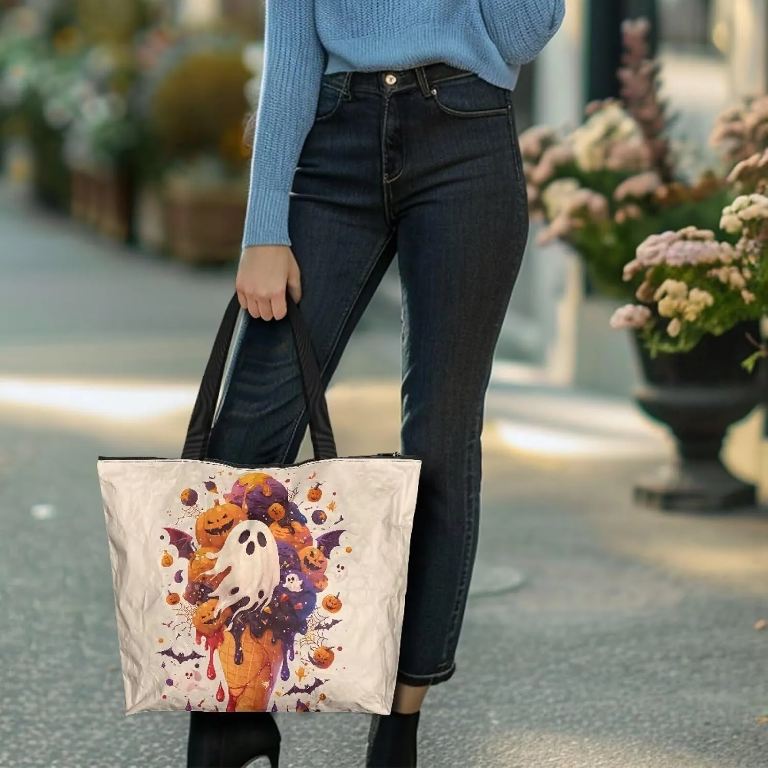 Halloween Sugar Skull Women Tote Paper Bag, Tribal Geometric Stripe Hand Bag, Marble Tile Commute Bag for Work