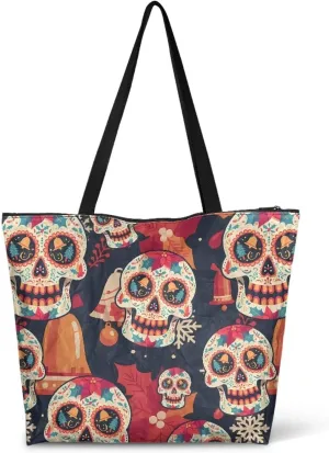 Halloween Sugar Skull Women Tote Paper Bag, Tribal Geometric Stripe Hand Bag, Marble Tile Commute Bag for Work