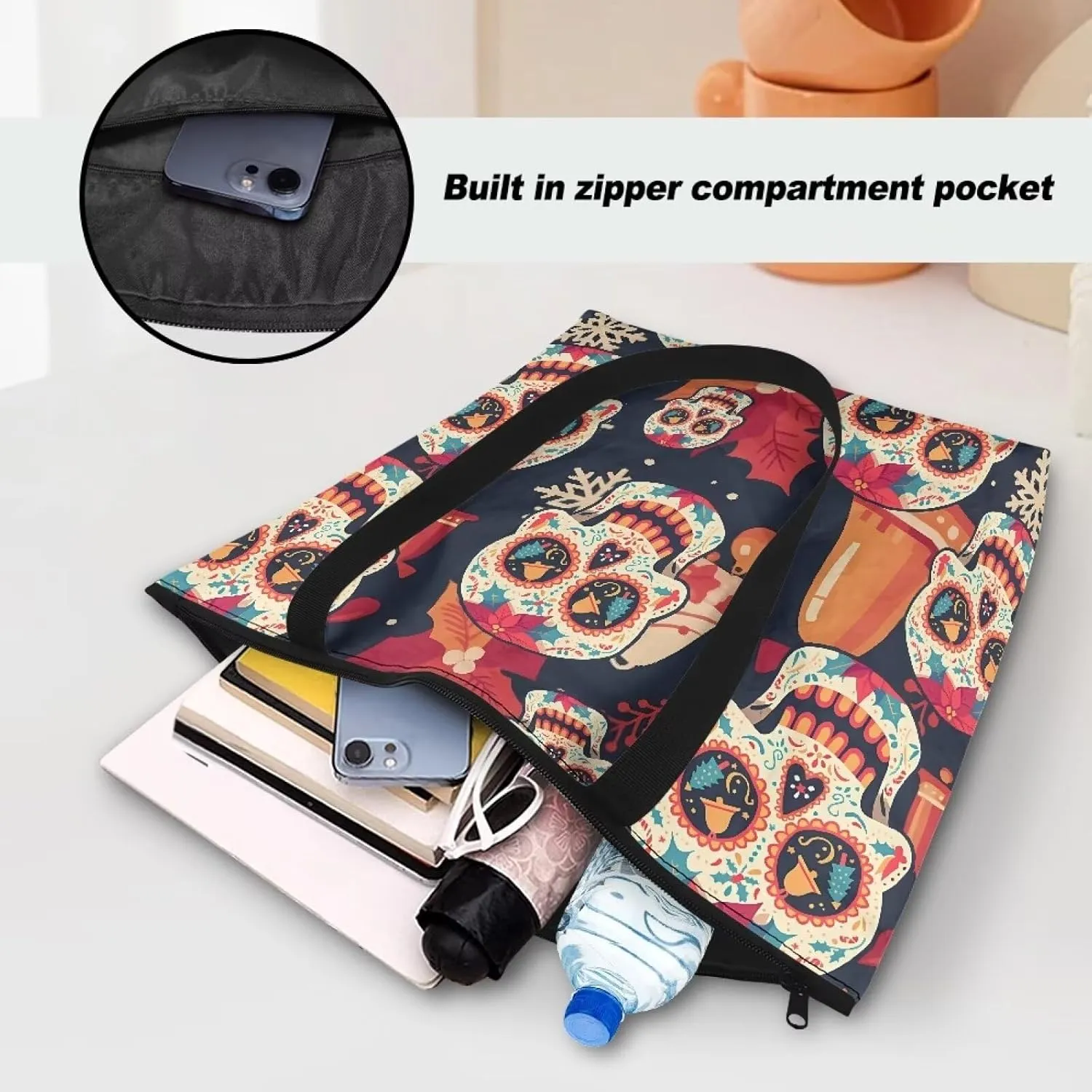 Halloween Sugar Skull Women Tote Paper Bag, Tribal Geometric Stripe Hand Bag, Marble Tile Commute Bag for Work