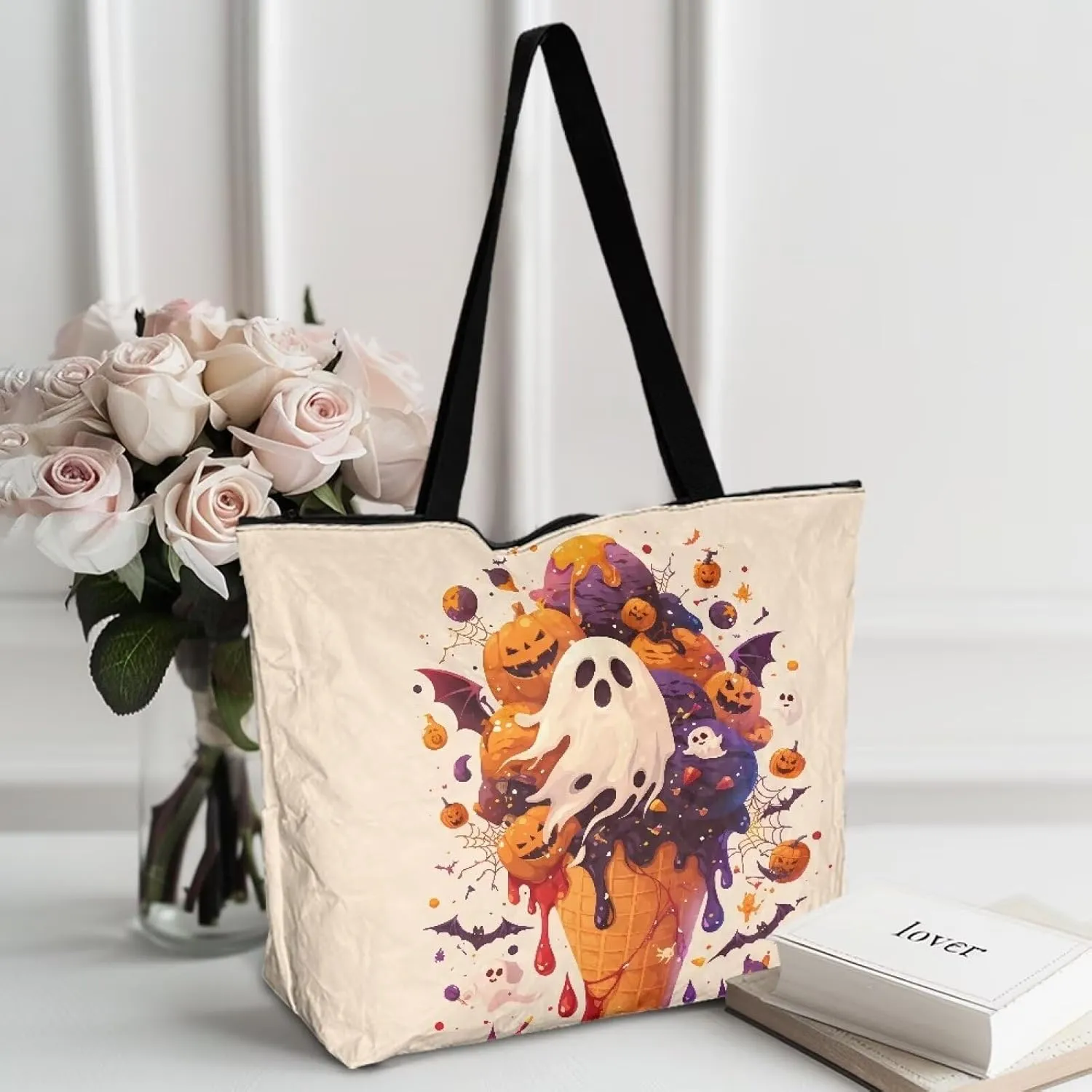 Halloween Sugar Skull Women Tote Paper Bag, Tribal Geometric Stripe Hand Bag, Marble Tile Commute Bag for Work