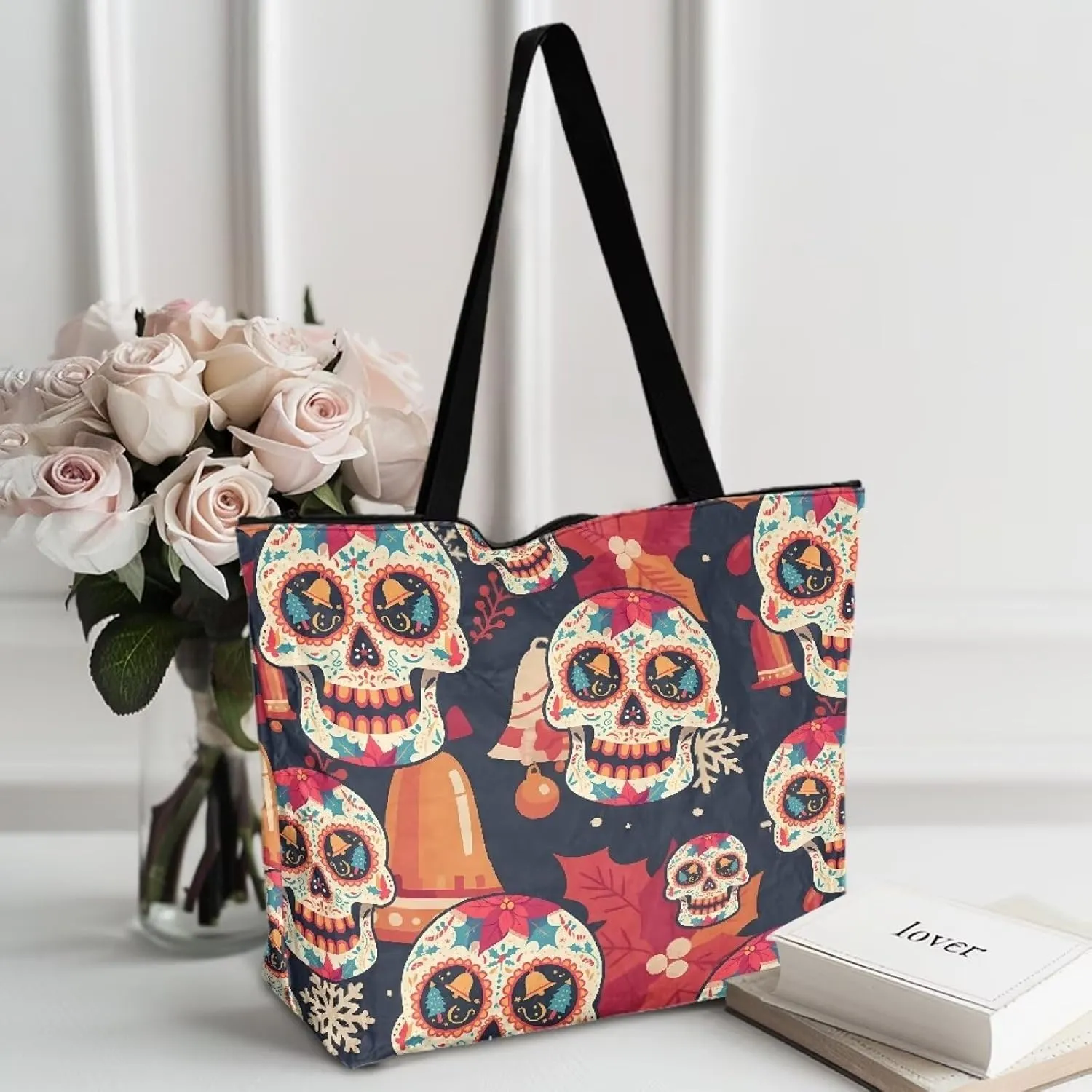 Halloween Sugar Skull Women Tote Paper Bag, Tribal Geometric Stripe Hand Bag, Marble Tile Commute Bag for Work