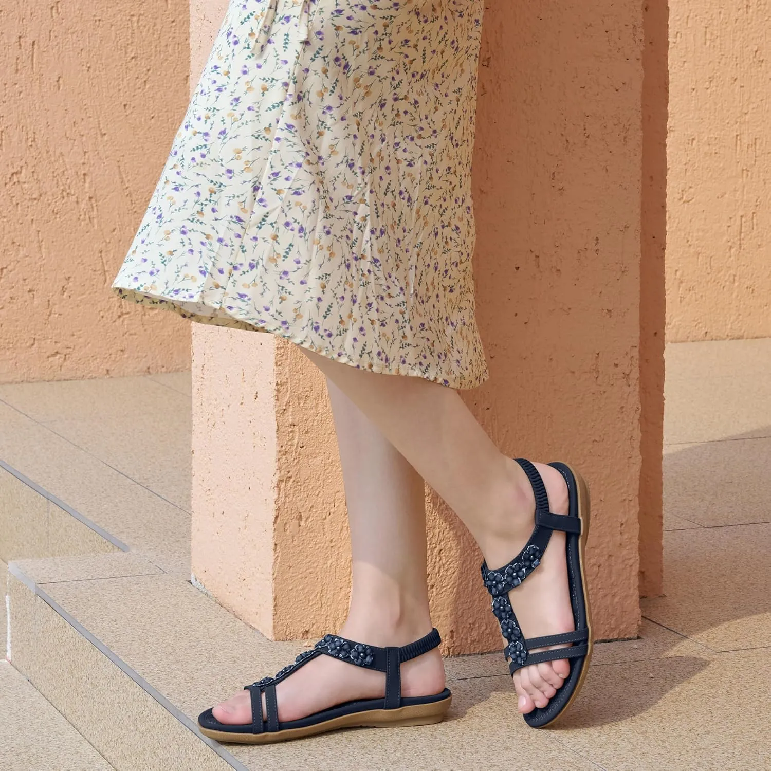 HARENCE Women's Summer Flat Sandals: Comfortable Bohemian Beaded Flats Shoes Elastic Ankle T-Strap Casual Slip on Beach Dress Sandals for Women