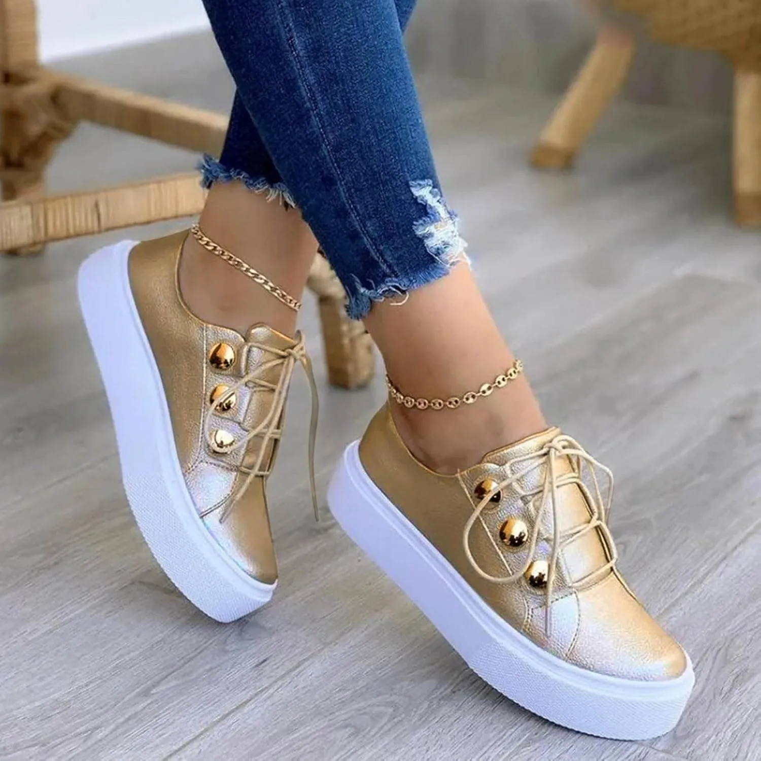Hbeylia Platform Fashion Sneakers For Women Casual Leather Lace Up Chunky Bottom High Heels Slip On Flats Walking Shoes Low Top Play Sneakers Running Sport Shoes For Girls
