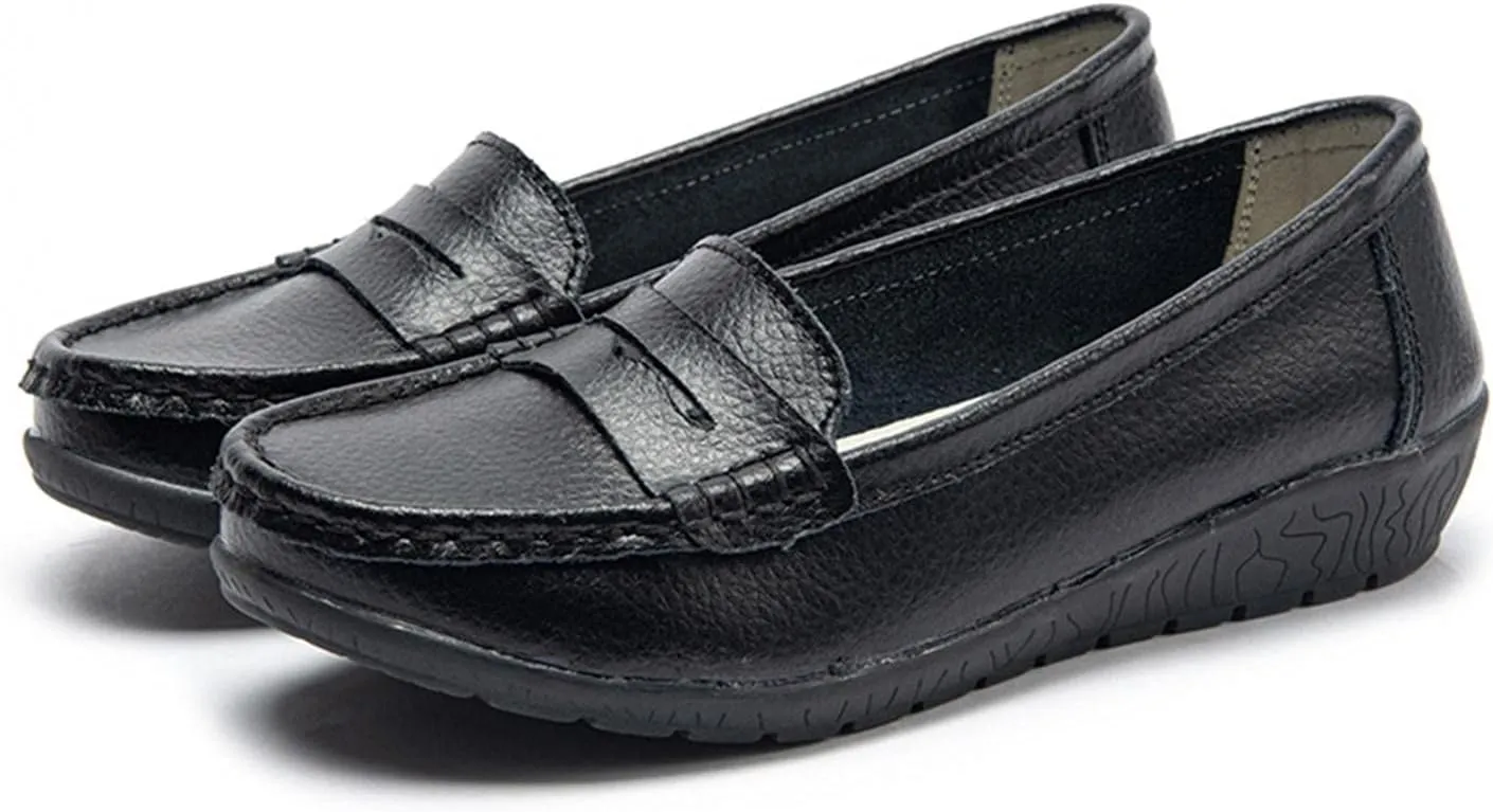 Hbeylia Women's Red Leather Slip On Loafers Fashion Casual Walking Shoes