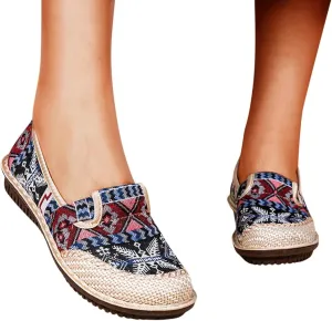 Hbeylia Women's Slip On Loafers Vintage Bohemian Ethnic Embroidered Comfortable Sneakers Fashion Casual Boho Canvas Low Top Beach Shoes For Women Girls Driving Work Nurse Travel Vacation
