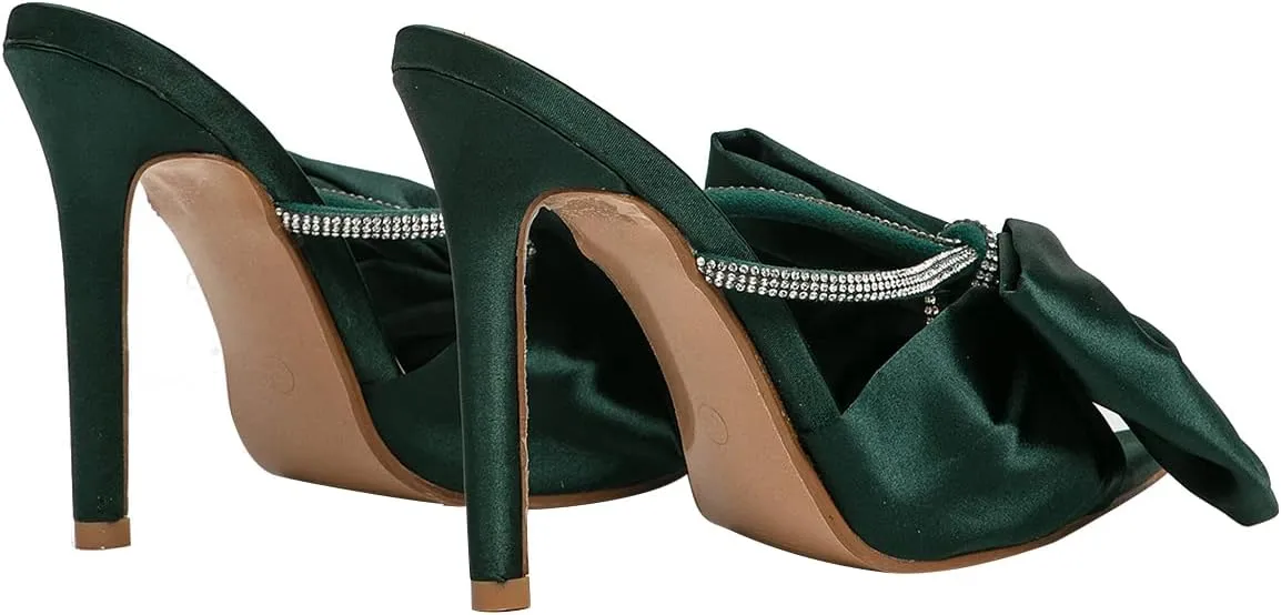 Hee grand Satin Bow-knot Rhinestones High Heel Sandals Slides Sexy Open Toe Party Dress Sandals