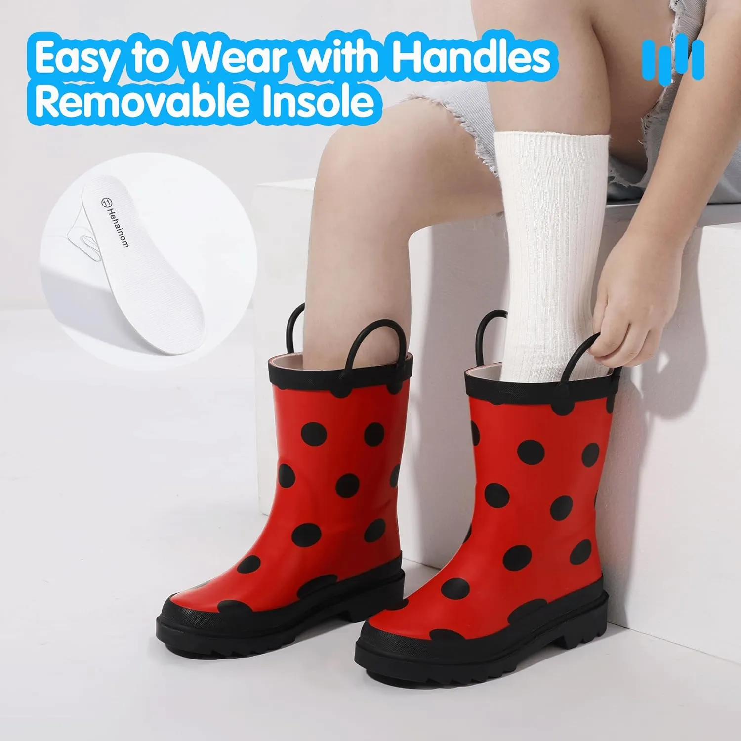 Hehainom Toddler Kids Rain Boots for Boys Girls Waterproof Easy-on Handles Rainboots