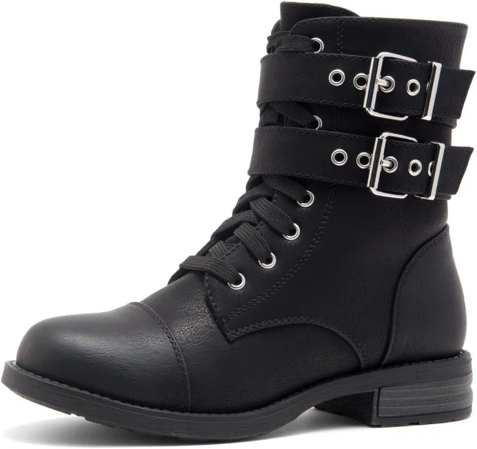 Herstyle Florence2 Women's Combat Booties Mid-Calf Boots Ankle Lace up Military Shoes, 1721Black,Size 6.0