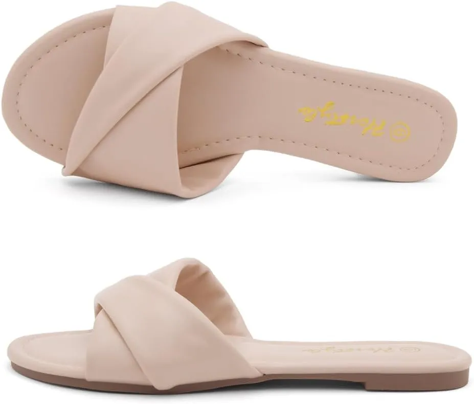 Herstyle MARLENA Women’s Flat Sandals, Fashion Slides Comfortable Casual Sandals with Round Open Toe and Single Band – Dressy Slip-On Slippers for Summer
