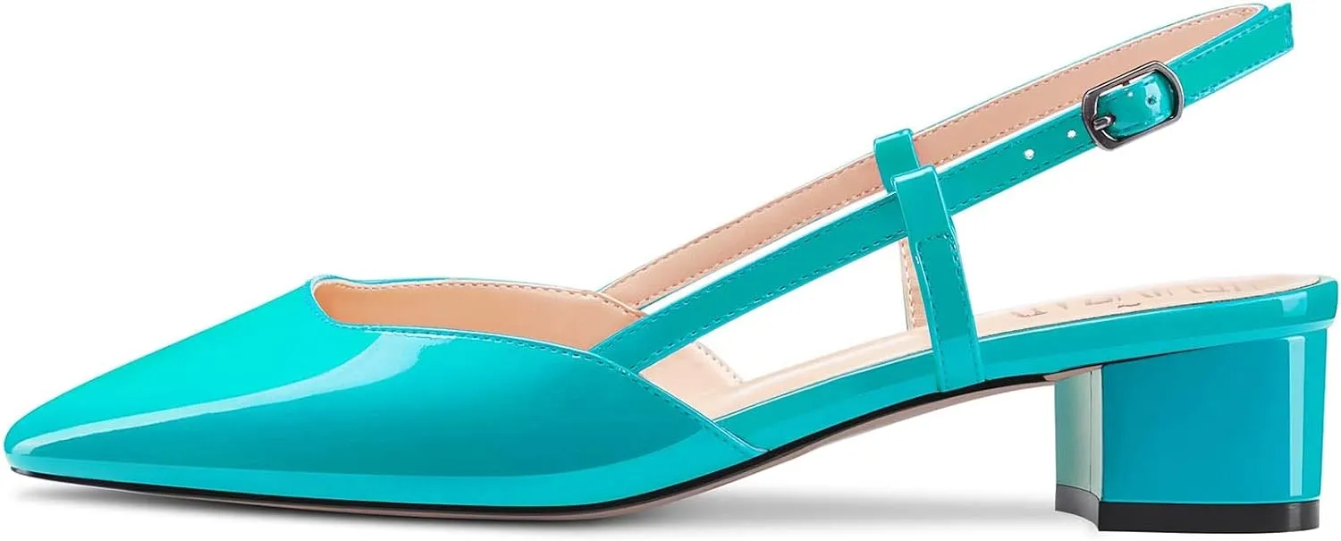HEUIVZAR Womens Square Toe Pumps Sandals Low Chunky Block Kitten Heel Ankle Strap Slingback Patent Dress Shoes 1.5 Inch
