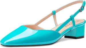 HEUIVZAR Womens Square Toe Pumps Sandals Low Chunky Block Kitten Heel Ankle Strap Slingback Patent Dress Shoes 1.5 Inch