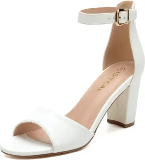HHTCAL Ankle Strap Chunky Block High Heels for Women Sexy Strappy Fashion Buckle Round Open Toe Heeled Sandals Bridesmaid Bride Party Wedding Shoes