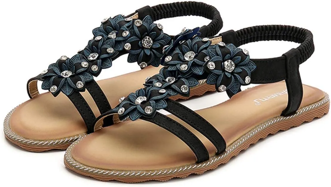 HNGHOU Women's Summer Sandals Casual Comfortable Bohemia Beach Flat Sandals Open Toe Ankle Crystal Gladiator Shoes