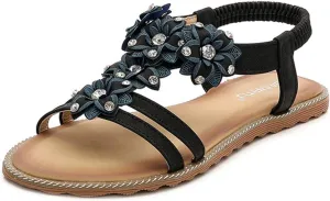 HNGHOU Women's Summer Sandals Casual Comfortable Bohemia Beach Flat Sandals Open Toe Ankle Crystal Gladiator Shoes