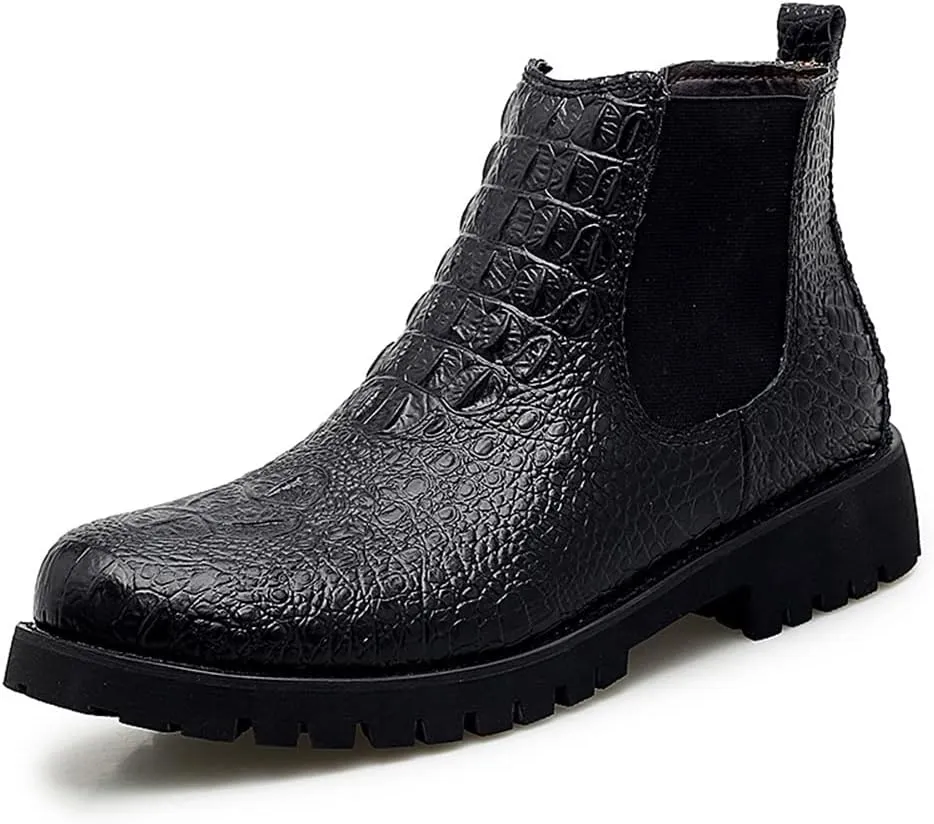 HOOENG Chelsea Boots for Men Crocodile Print Elastic Bandage Cowhide Leather Waterproof Slip on Wearable Non Slip Casual (Color : Black, Size : 7.5)