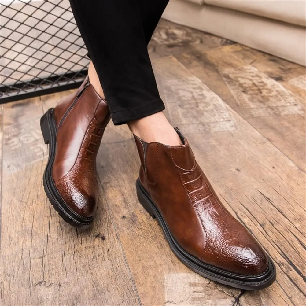 HOOENG Chelsea Boots for Men Crocodile Print Side Zip PU Wearable Anti-Slip Waterproof Formal Classic