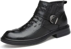 HOOENG Chelsea Boots for Men Crocodile Print with Buckle Genuine Leather Non Slip on Waterproof Wearable Anti-Slip Formal Dress (Color : Black, Size : 10)
