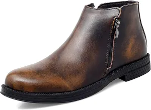 HOOENG Round Toe Ankle Boots for Men Double Side Zip Retro Cowhide Leather Slip on Waterproof Wearable Non Slip Work Fashion (Color : Brown, Size : 7)