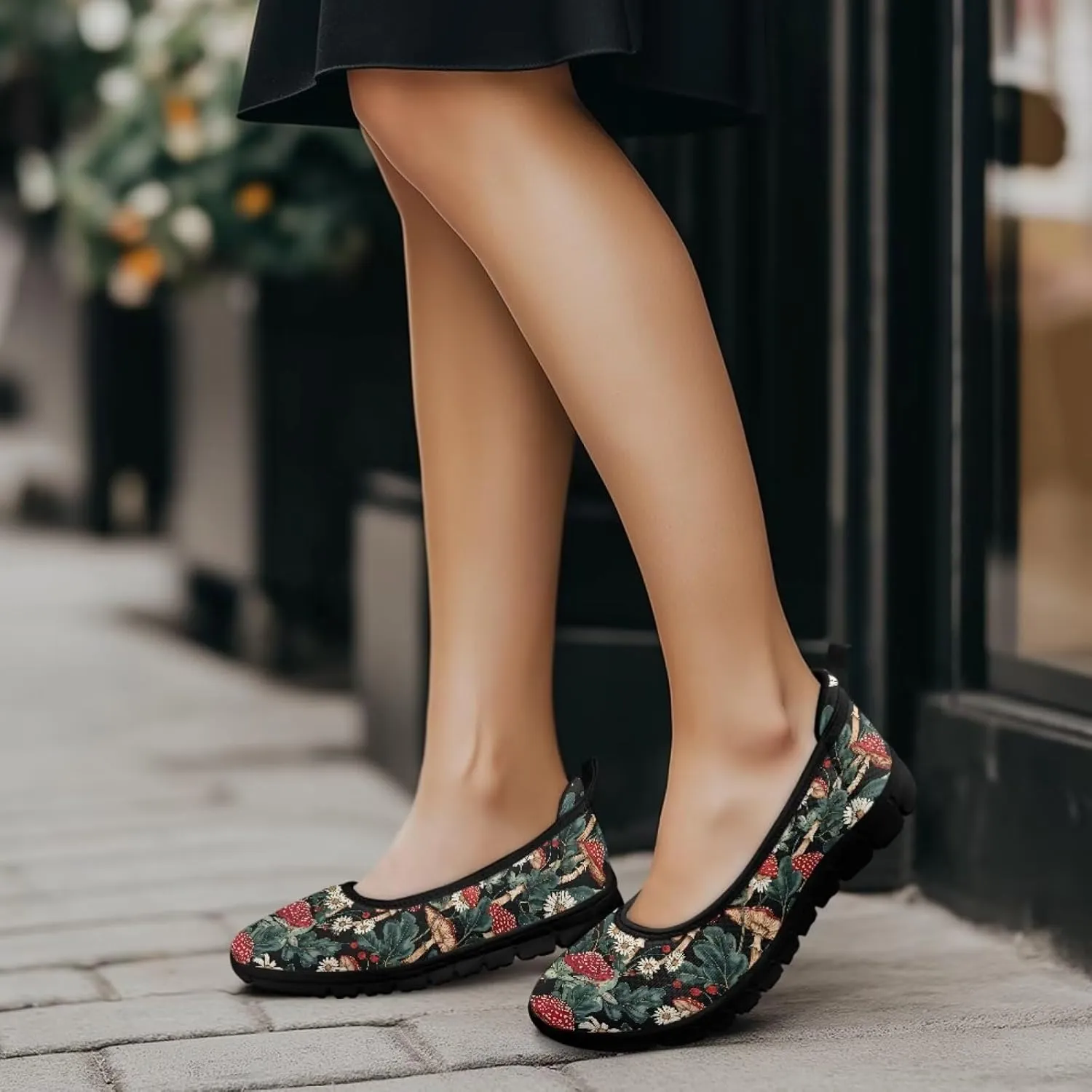 Howilath Mushroom Hummingbird Print Flat Shoes for Women Slip on Shoes Mesh Athletic Shoes Casual Sport Shoes with EVA Sole