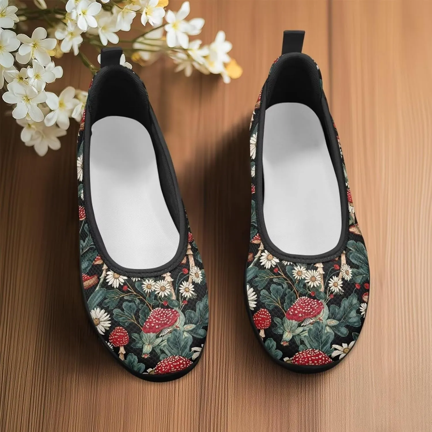 Howilath Mushroom Hummingbird Print Flat Shoes for Women Slip on Shoes Mesh Athletic Shoes Casual Sport Shoes with EVA Sole