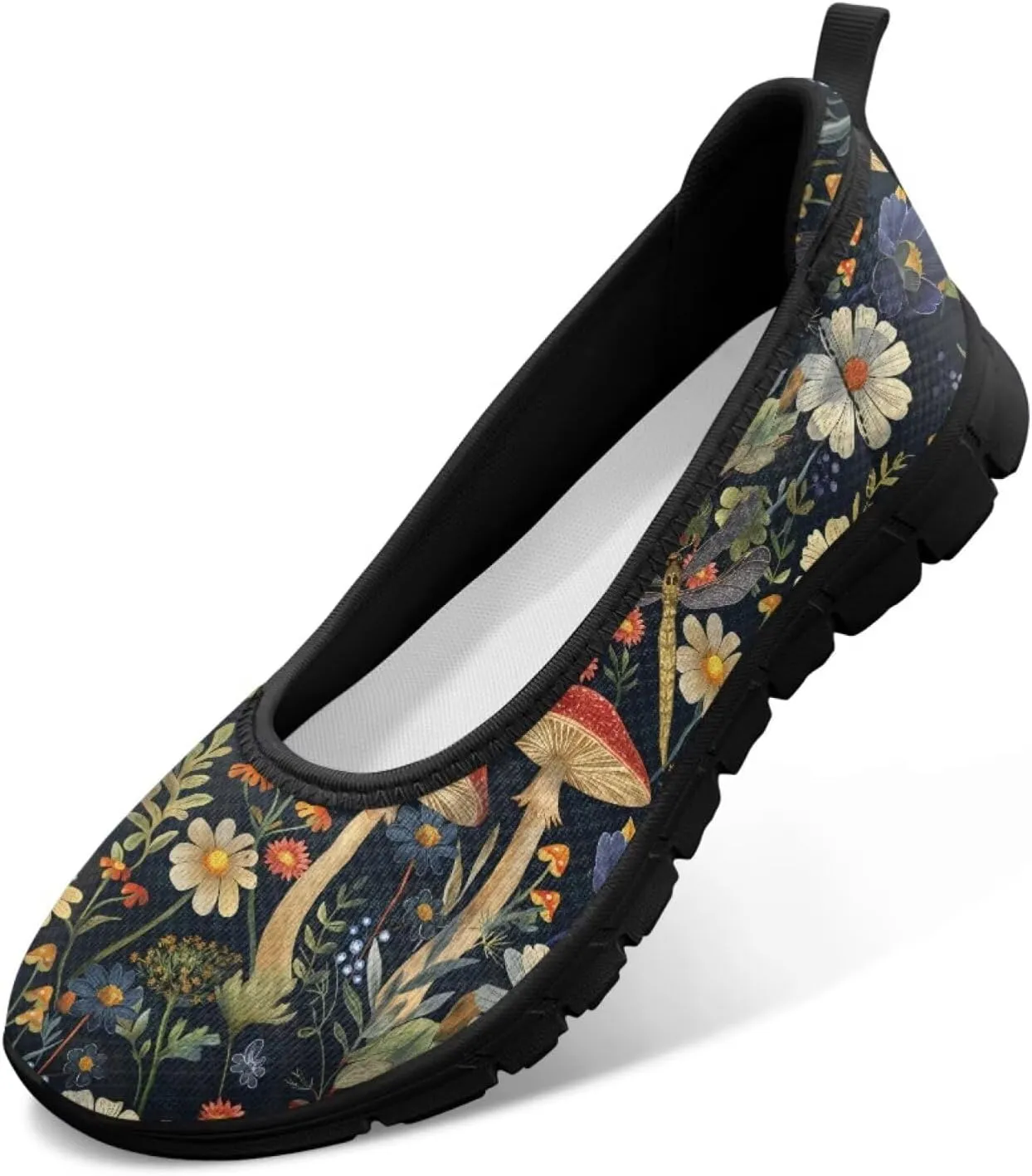 Howilath Mushroom Hummingbird Print Flat Shoes for Women Slip on Shoes Mesh Athletic Shoes Casual Sport Shoes with EVA Sole