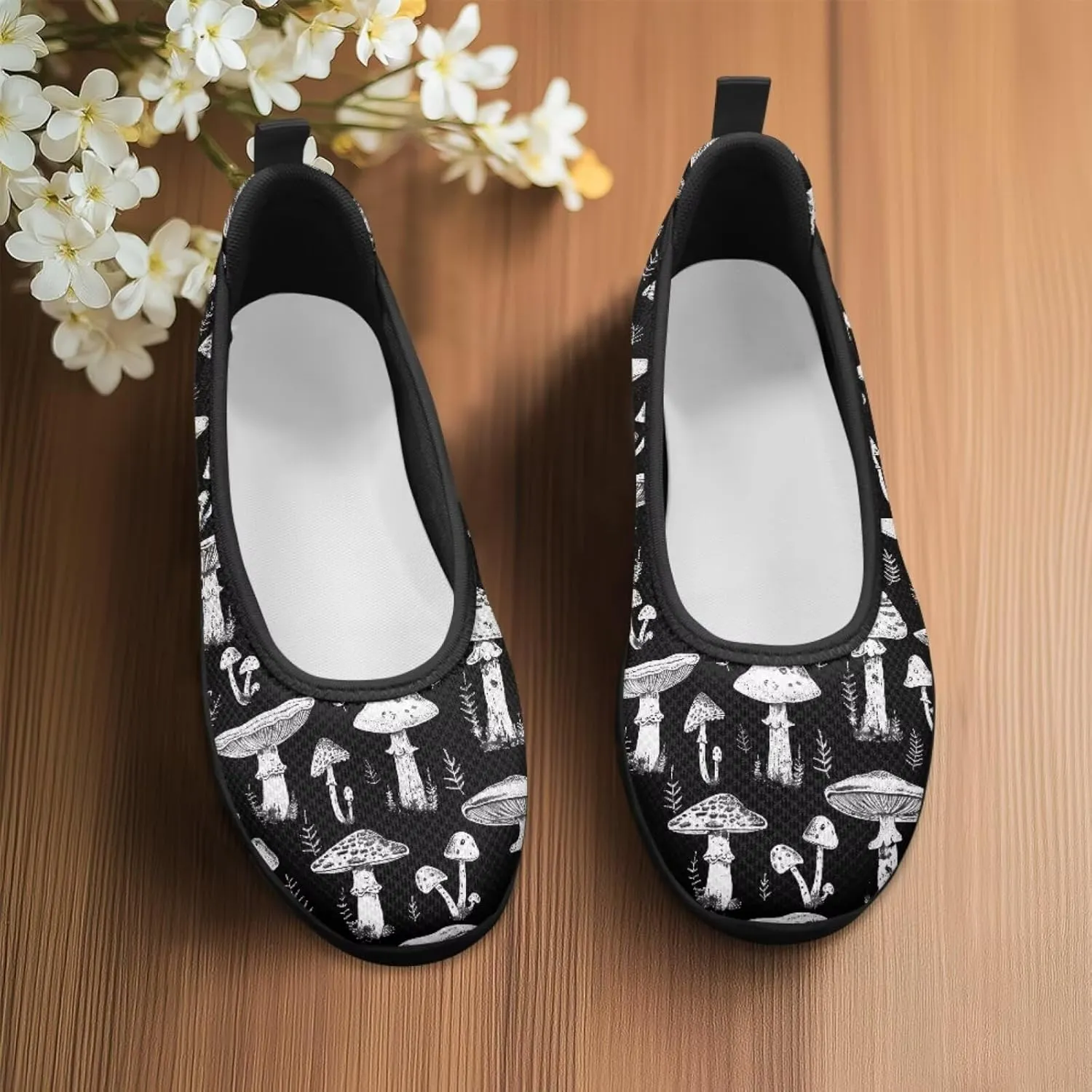 Howilath Mushroom Hummingbird Print Flat Shoes for Women Slip on Shoes Mesh Athletic Shoes Casual Sport Shoes with EVA Sole