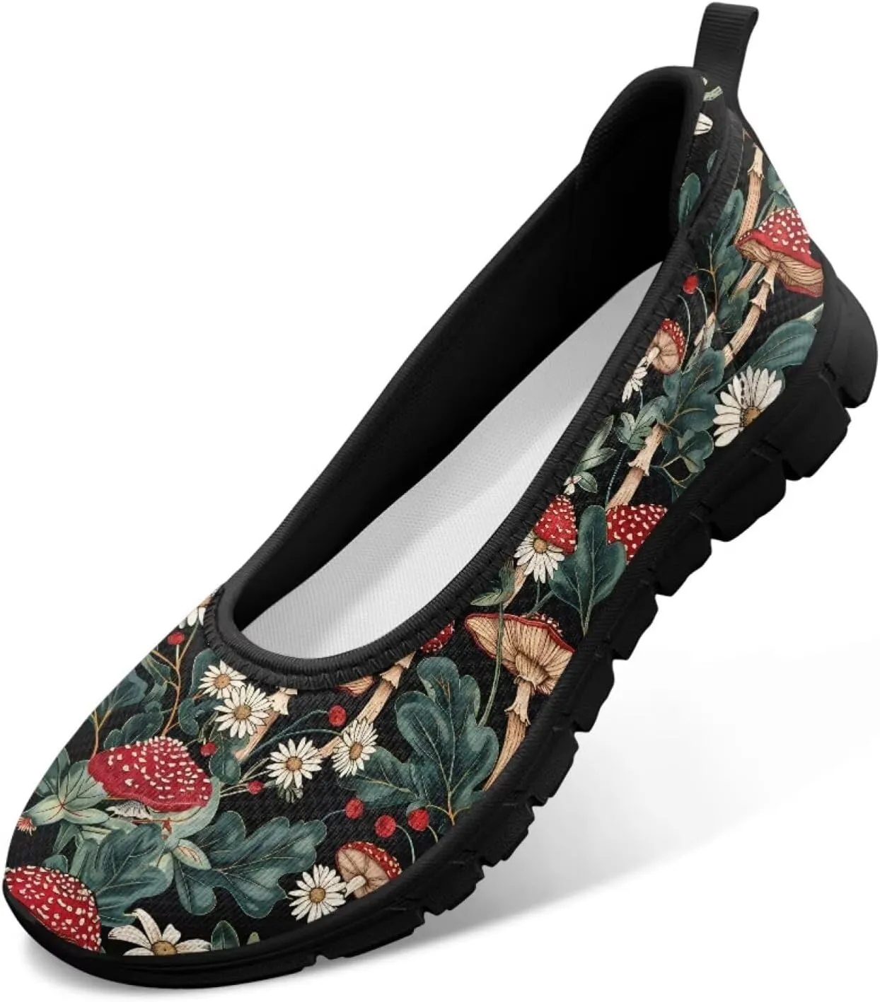 Howilath Mushroom Hummingbird Print Flat Shoes for Women Slip on Shoes Mesh Athletic Shoes Casual Sport Shoes with EVA Sole