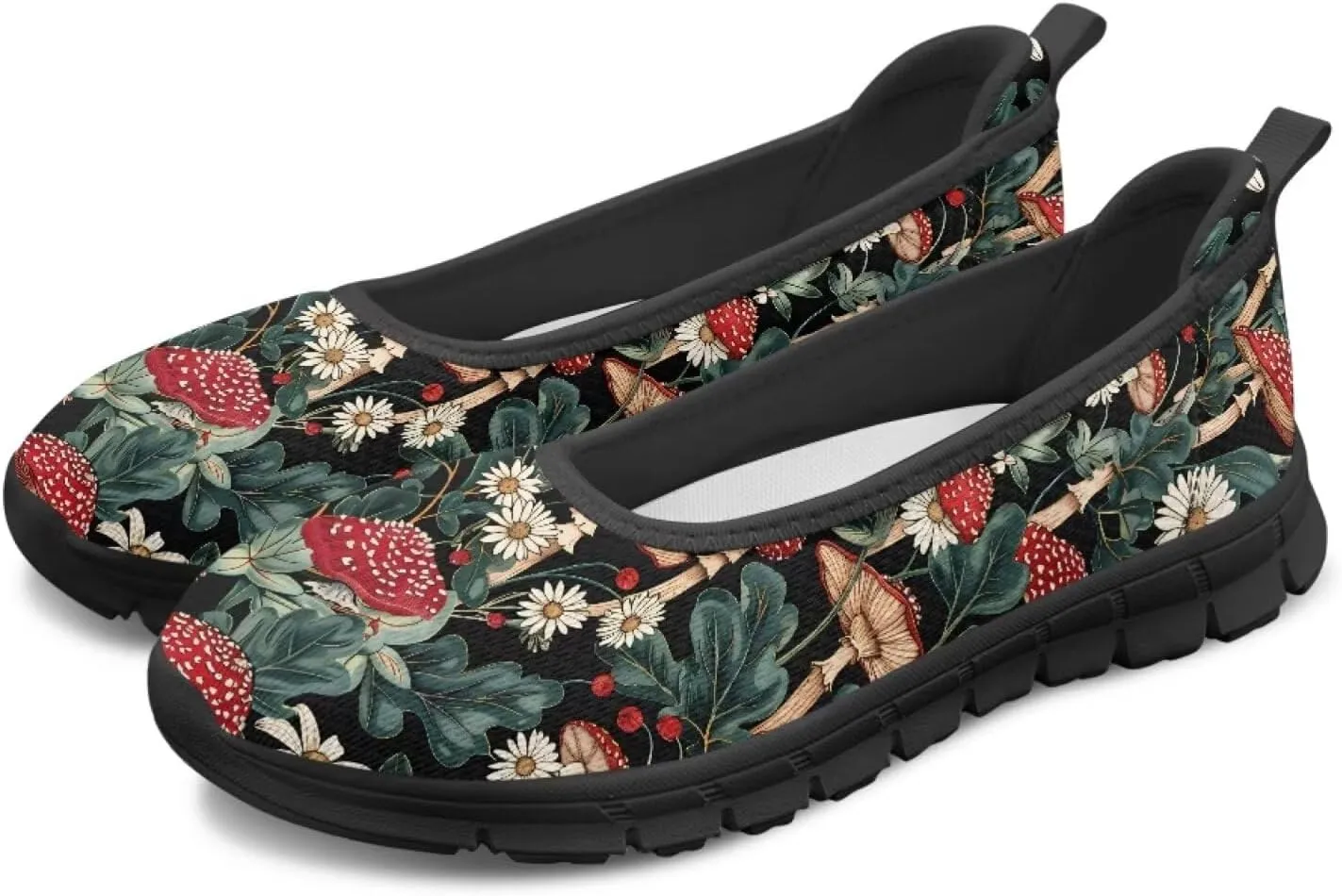 Howilath Mushroom Hummingbird Print Flat Shoes for Women Slip on Shoes Mesh Athletic Shoes Casual Sport Shoes with EVA Sole