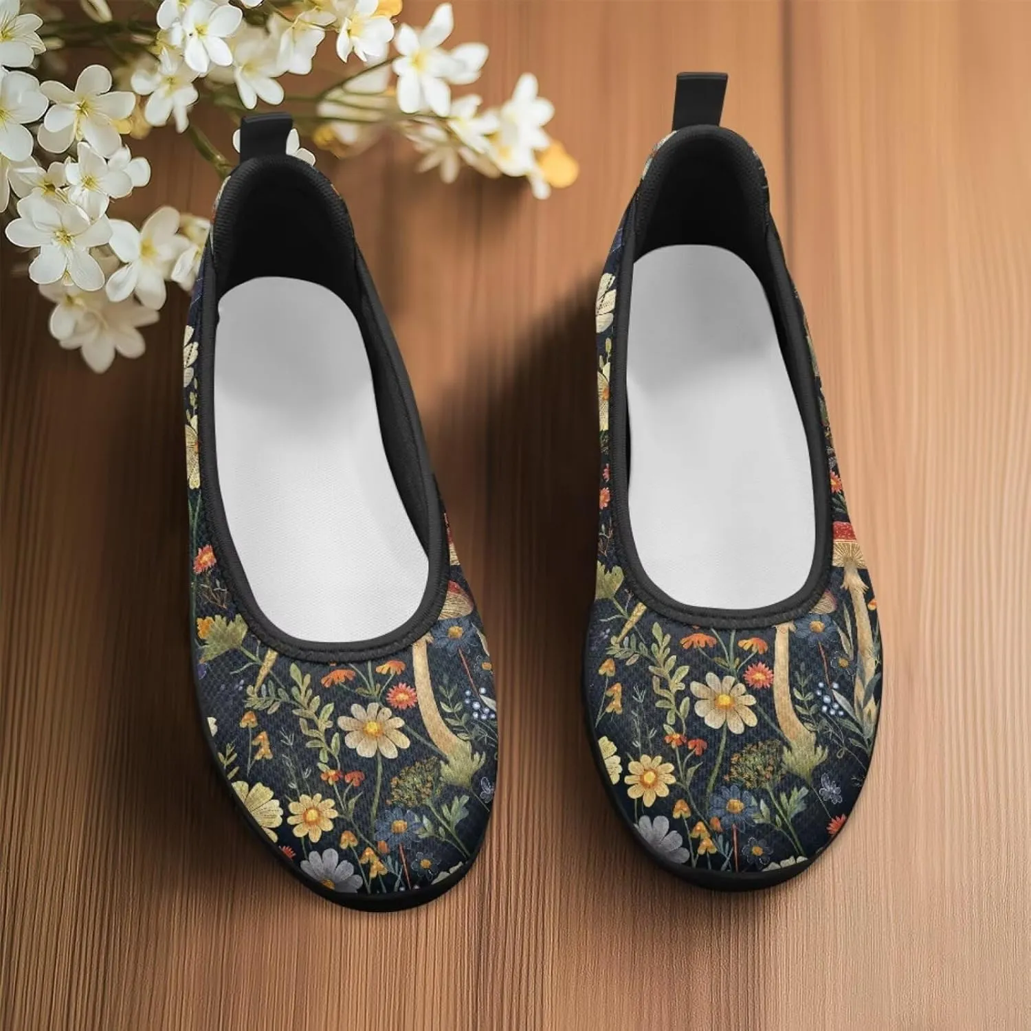 Howilath Mushroom Hummingbird Print Flat Shoes for Women Slip on Shoes Mesh Athletic Shoes Casual Sport Shoes with EVA Sole