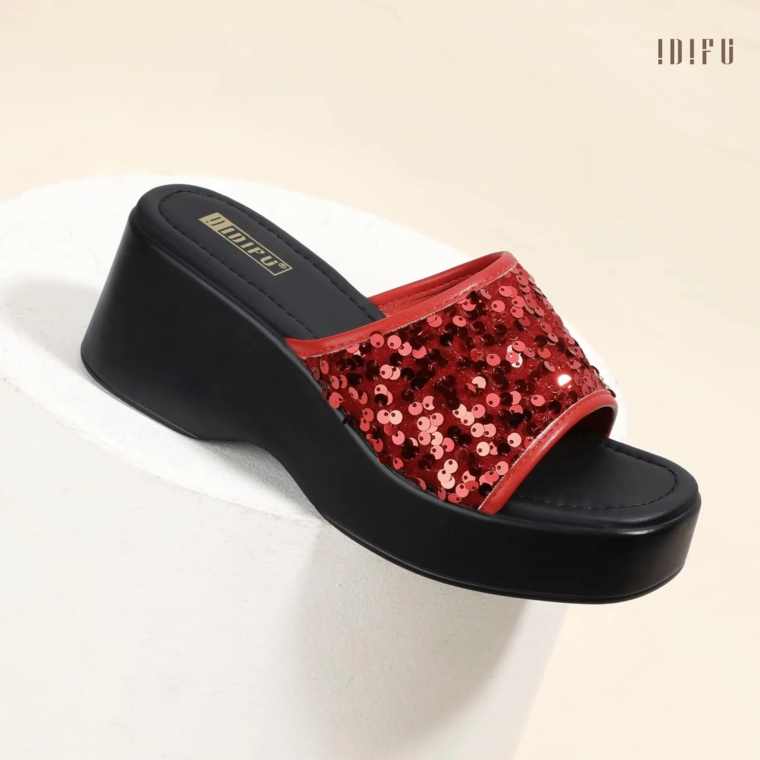 IDIFU IN3 Platform Sandals Wedge Sandals for Women Sparkly Low Chunky Slides Sandals Summer Beach Cute Comfortable Slip On Wedges Square Open Toe Trendy Small Dressy Womens Sandals