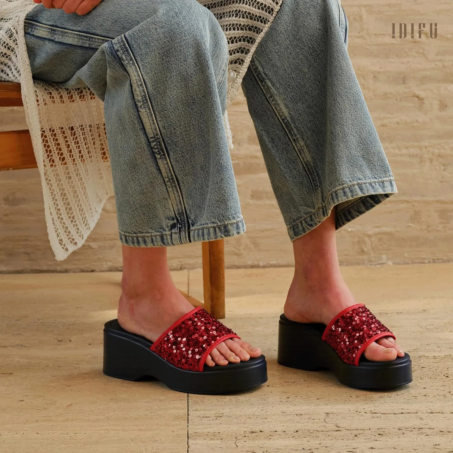 IDIFU IN3 Platform Sandals Wedge Sandals for Women Sparkly Low Chunky Slides Sandals Summer Beach Cute Comfortable Slip On Wedges Square Open Toe Trendy Small Dressy Womens Sandals