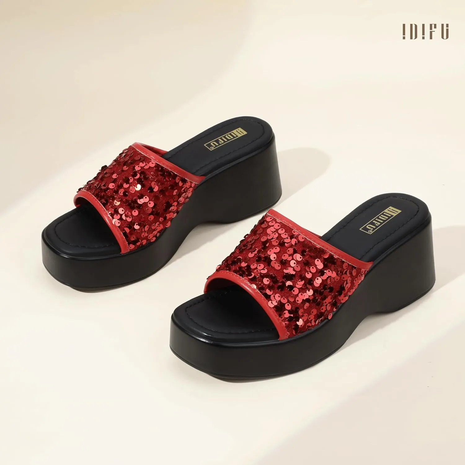 IDIFU IN3 Platform Sandals Wedge Sandals for Women Sparkly Low Chunky Slides Sandals Summer Beach Cute Comfortable Slip On Wedges Square Open Toe Trendy Small Dressy Womens Sandals
