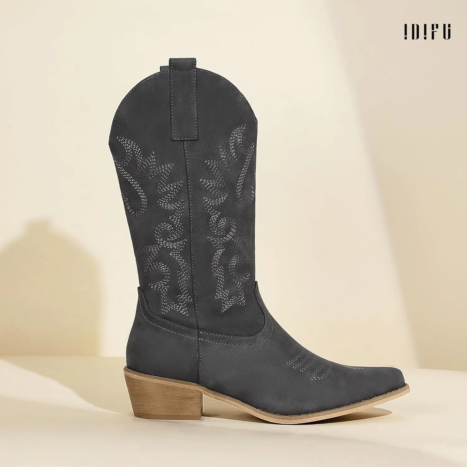 IDIFU Women's Cowboy Boots for Women Cowgirl Boots Western Boots Mid Calf Embroidered Chunky Low Heel Pointed Toe Country Boots Dress Cute Fashion Comfortable Cowboy Cowgirl Boots Booties