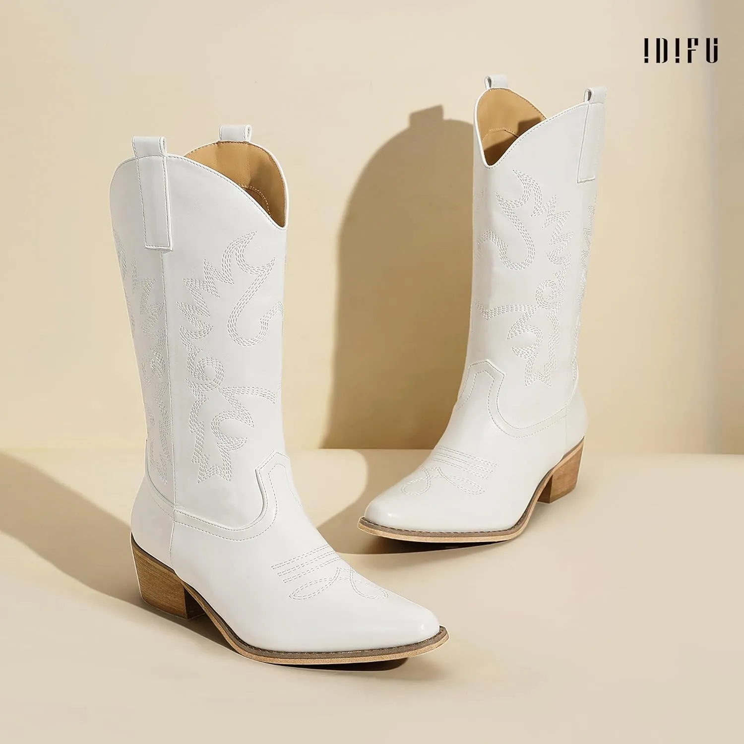 IDIFU Women's Cowboy Boots for Women Cowgirl Boots Western Boots Mid Calf Embroidered Chunky Low Heel Pointed Toe Country Boots Dress Cute Fashion Comfortable Cowboy Cowgirl Boots Booties
