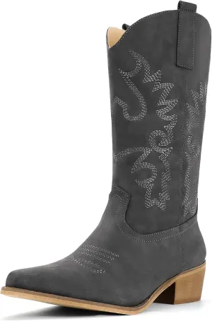 IDIFU Women's Cowboy Boots for Women Cowgirl Boots Western Boots Mid Calf Embroidered Chunky Low Heel Pointed Toe Country Boots Dress Cute Fashion Comfortable Cowboy Cowgirl Boots Booties