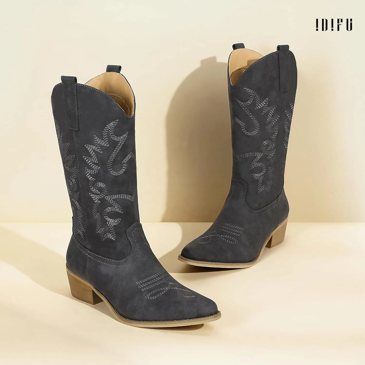 IDIFU Women's Cowboy Boots for Women Cowgirl Boots Western Boots Mid Calf Embroidered Chunky Low Heel Pointed Toe Country Boots Dress Cute Fashion Comfortable Cowboy Cowgirl Boots Booties