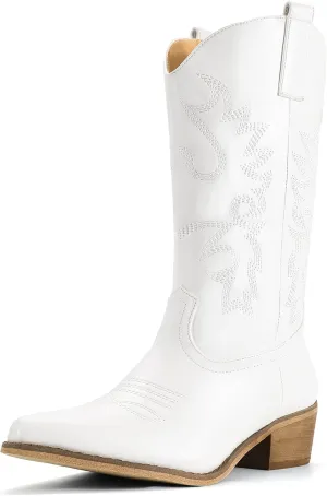 IDIFU Women's Cowboy Boots for Women Cowgirl Boots Western Boots Mid Calf Embroidered Chunky Low Heel Pointed Toe Country Boots Dress Cute Fashion Comfortable Cowboy Cowgirl Boots Booties
