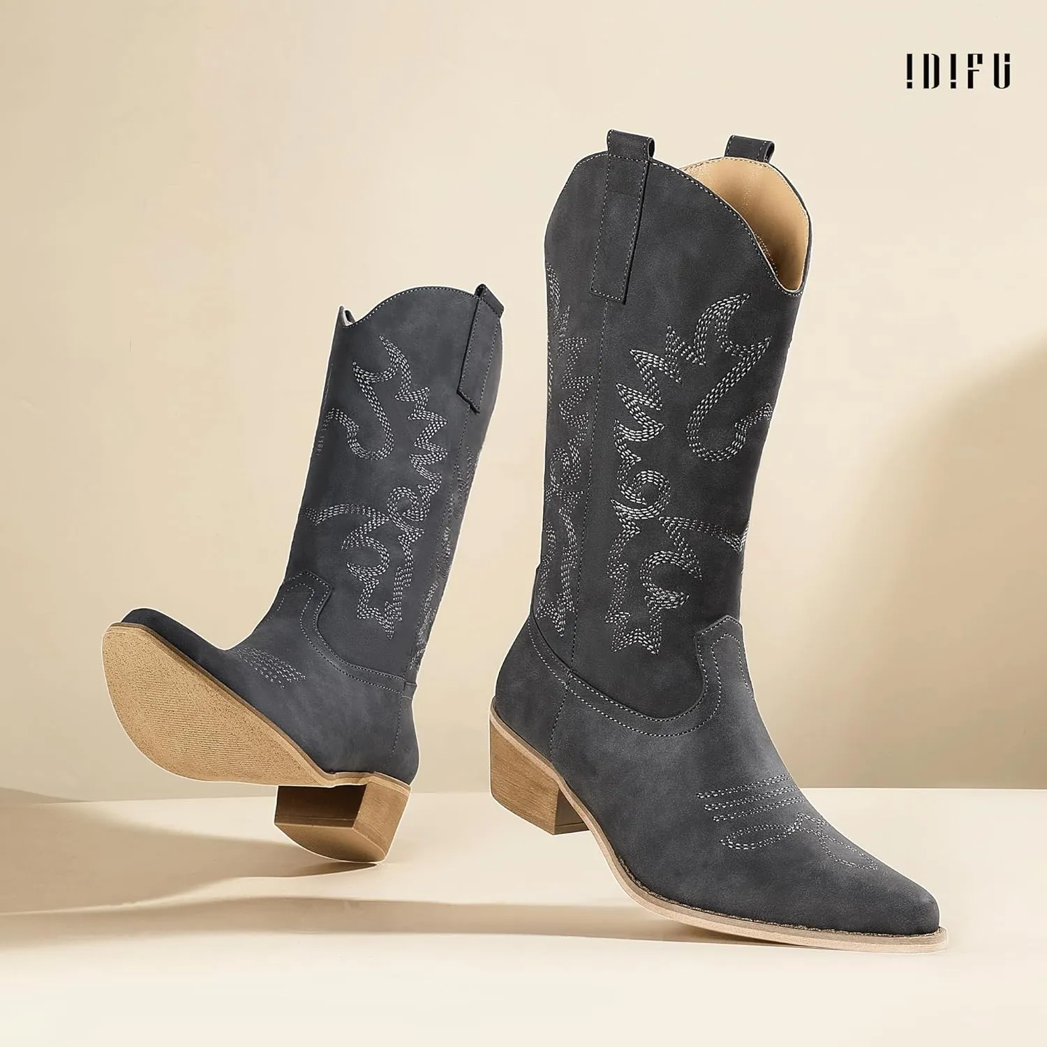 IDIFU Women's Cowboy Boots for Women Cowgirl Boots Western Boots Mid Calf Embroidered Chunky Low Heel Pointed Toe Country Boots Dress Cute Fashion Comfortable Cowboy Cowgirl Boots Booties
