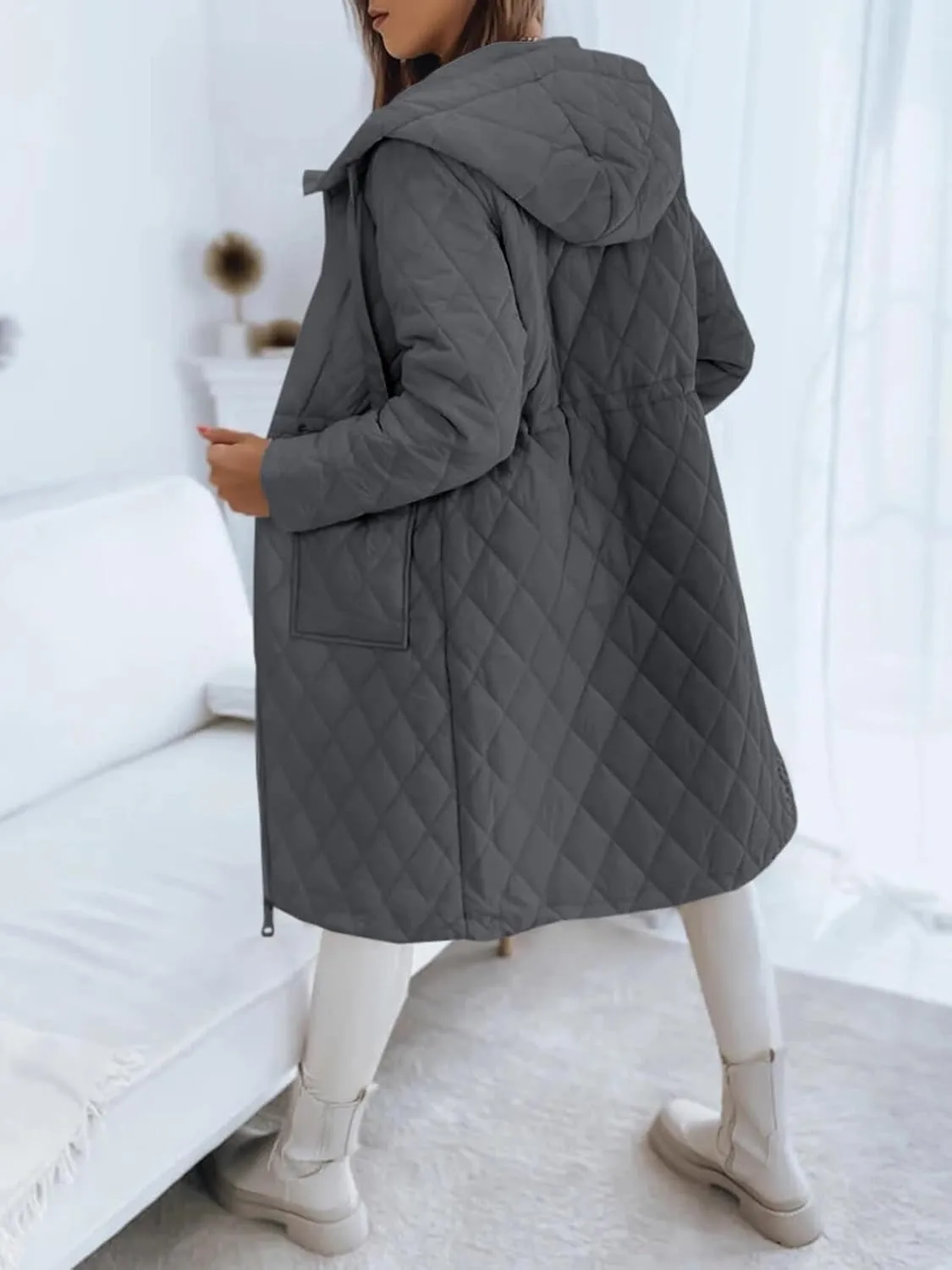 Imily Bela Womens Long Quilted Jackets Zip Up Hooded Drawstring Waist Coats with Pockets