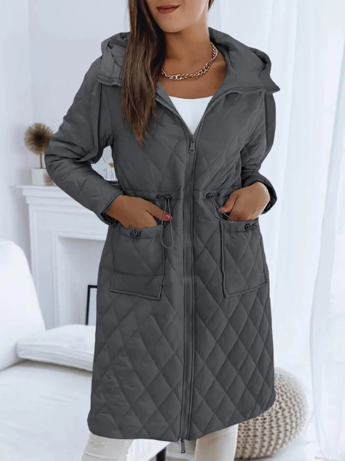 Imily Bela Womens Long Quilted Jackets Zip Up Hooded Drawstring Waist Coats with Pockets