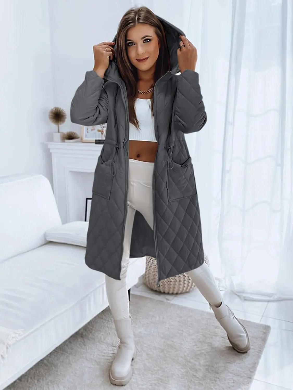Imily Bela Womens Long Quilted Jackets Zip Up Hooded Drawstring Waist Coats with Pockets