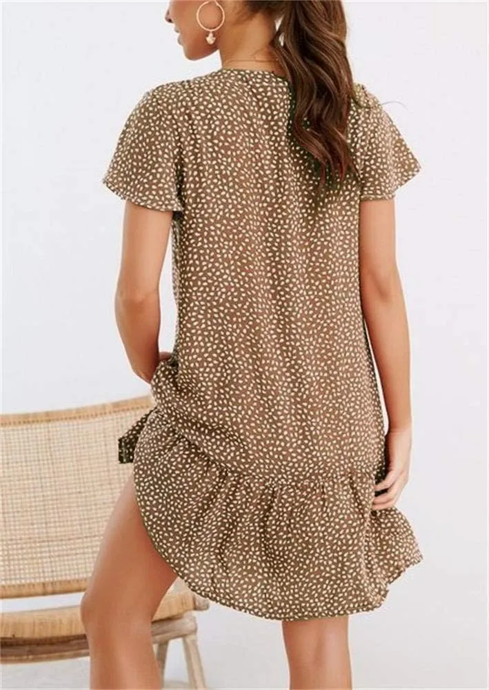 Imysty Womens Polka Dot V Neck Button Down Ruffles Loose Mini Short T-Shirt Dress