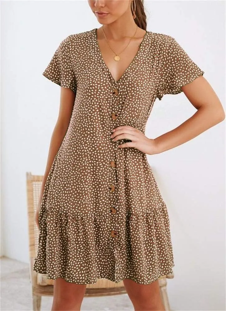 Imysty Womens Polka Dot V Neck Button Down Ruffles Loose Mini Short T-Shirt Dress