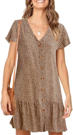 Imysty Womens Polka Dot V Neck Button Down Ruffles Loose Mini Short T-Shirt Dress